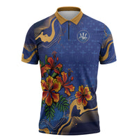 Custom Women’s Cricket Barbados Floral Series Zipper Polo Shirt Royal Blue Pride of Barbados