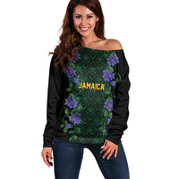 Custom Women’s Cricket Jamaica Floral Series Off Shoulder Sweater Lignum Vitae Hummingbirds Geometric Ethnic
