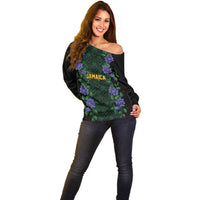 Custom Women’s Cricket Jamaica Floral Series Off Shoulder Sweater Lignum Vitae Hummingbirds Geometric Ethnic