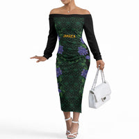 Custom Women’s Cricket Jamaica Floral Series Off The Shoulder Long Sleeve Dress Lignum Vitae Hummingbirds Geometric Ethnic