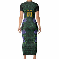 Custom Women’s Cricket Jamaica Floral Series Short Sleeve Bodycon Dress Lignum Vitae Hummingbirds Geometric Ethnic
