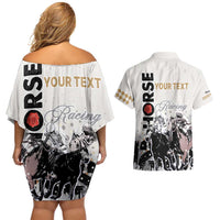 Personalised Kentucky Horse Racing Couples Matching Off Shoulder Short Dress and Hawaiian Shirt 151st Anniversary The Run For The Roses LT9