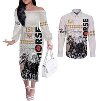 Personalised Kentucky Horse Racing Couples Matching Off The Shoulder Long Sleeve Dress and Long Sleeve Button Shirts 151st Anniversary The Run For The Roses LT9