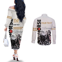 Personalised Kentucky Horse Racing Couples Matching Off The Shoulder Long Sleeve Dress and Long Sleeve Button Shirts 151st Anniversary The Run For The Roses LT9