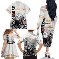 Personalised Kentucky Horse Racing Family Matching Off Shoulder Long Sleeve Dress and Hawaiian Shirt 151st Anniversary The Run For The Roses LT9