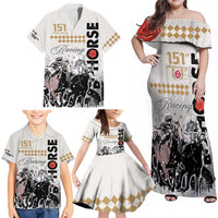 Personalised Kentucky Horse Racing Family Matching Off Shoulder Maxi Dress and Hawaiian Shirt 151st Anniversary The Run For The Roses LT9