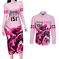Kentucky Horse Racing Couples Matching Long Sleeve Bodycon Dress and Long Sleeve Button Shirts 151st Anniversary Sporting Art Pink Version LT9