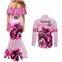 Kentucky Horse Racing Couples Matching Mermaid Dress and Long Sleeve Button Shirts 151st Anniversary Sporting Art Pink Version LT9