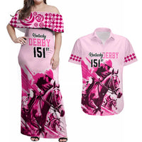 Kentucky Horse Racing Couples Matching Off Shoulder Maxi Dress and Hawaiian Shirt 151st Anniversary Sporting Art Pink Version LT9