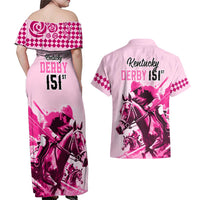 Kentucky Horse Racing Couples Matching Off Shoulder Maxi Dress and Hawaiian Shirt 151st Anniversary Sporting Art Pink Version LT9