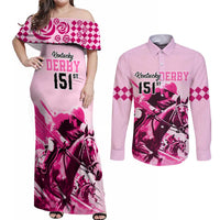 Kentucky Horse Racing Couples Matching Off Shoulder Maxi Dress and Long Sleeve Button Shirts 151st Anniversary Sporting Art Pink Version LT9