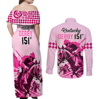 Kentucky Horse Racing Couples Matching Off Shoulder Maxi Dress and Long Sleeve Button Shirts 151st Anniversary Sporting Art Pink Version LT9