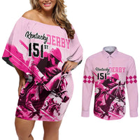 Kentucky Horse Racing Couples Matching Off Shoulder Short Dress and Long Sleeve Button Shirts 151st Anniversary Sporting Art Pink Version LT9