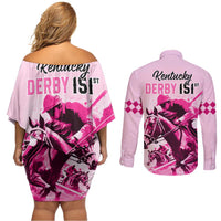 Kentucky Horse Racing Couples Matching Off Shoulder Short Dress and Long Sleeve Button Shirts 151st Anniversary Sporting Art Pink Version LT9