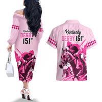 Kentucky Horse Racing Couples Matching Off The Shoulder Long Sleeve Dress and Hawaiian Shirt 151st Anniversary Sporting Art Pink Version LT9
