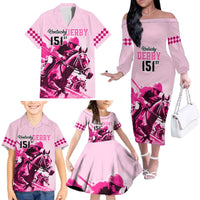 Kentucky Horse Racing Family Matching Off Shoulder Long Sleeve Dress and Hawaiian Shirt 151st Anniversary Sporting Art Pink Version LT9