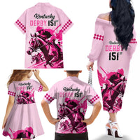 Kentucky Horse Racing Family Matching Off Shoulder Long Sleeve Dress and Hawaiian Shirt 151st Anniversary Sporting Art Pink Version LT9
