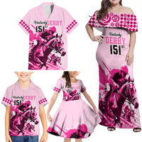 Kentucky Horse Racing Family Matching Off Shoulder Maxi Dress and Hawaiian Shirt 151st Anniversary Sporting Art Pink Version LT9
