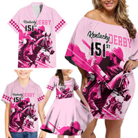 Kentucky Horse Racing Family Matching Off Shoulder Short Dress and Hawaiian Shirt 151st Anniversary Sporting Art Pink Version LT9