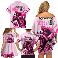 Kentucky Horse Racing Family Matching Off Shoulder Short Dress and Hawaiian Shirt 151st Anniversary Sporting Art Pink Version LT9