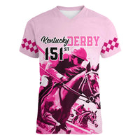 Kentucky Horse Racing Women V Neck T Shirt 151st Anniversary Sporting Art Pink Version LT9