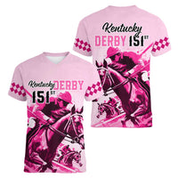 Kentucky Horse Racing Women V Neck T Shirt 151st Anniversary Sporting Art Pink Version LT9