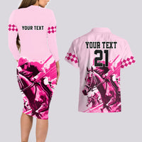 Personalised Kentucky Horse Racing Couples Matching Long Sleeve Bodycon Dress and Hawaiian Shirt 150th Anniversary Sporting Art Pink Version LT9 - Wonder Print Shop