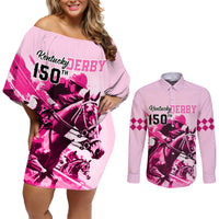 Personalised Kentucky Horse Racing Couples Matching Off Shoulder Short Dress and Long Sleeve Button Shirts 150th Anniversary Sporting Art Pink Version LT9 - Wonder Print Shop