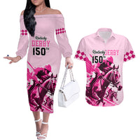Personalised Kentucky Horse Racing Couples Matching Off The Shoulder Long Sleeve Dress and Hawaiian Shirt 150th Anniversary Sporting Art Pink Version LT9 - Wonder Print Shop