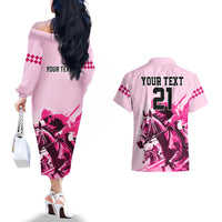 Personalised Kentucky Horse Racing Couples Matching Off The Shoulder Long Sleeve Dress and Hawaiian Shirt 150th Anniversary Sporting Art Pink Version LT9 - Wonder Print Shop