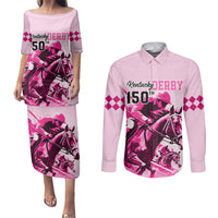 Personalised Kentucky Horse Racing Couples Matching Puletasi Dress and Long Sleeve Button Shirts 150th Anniversary Sporting Art Pink Version LT9 - Wonder Print Shop