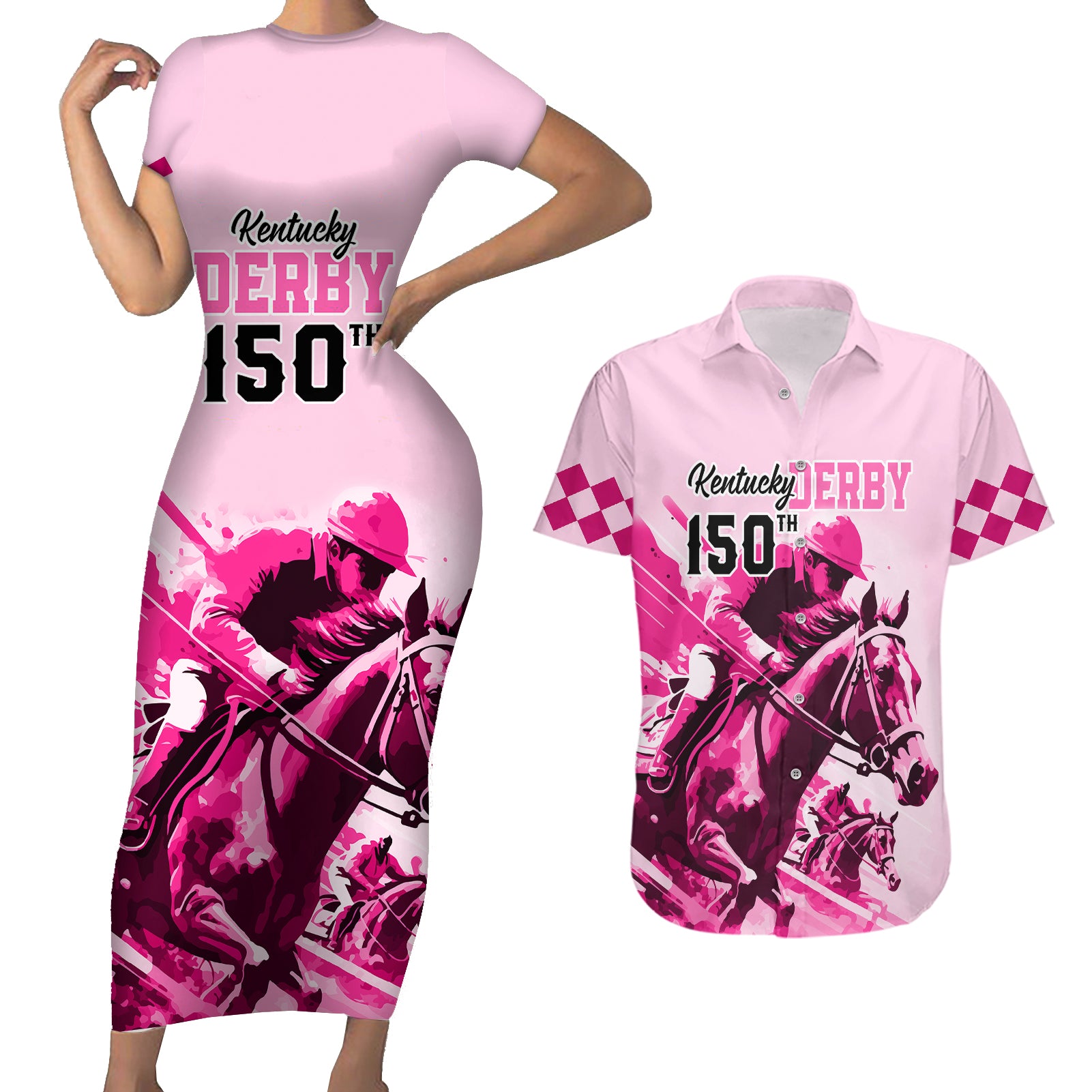 personalised-kentucky-horse-racing-couples-matching-short-sleeve-bodycon-dress-and-hawaiian-shirt-150th-anniversary-sporting-art-pink-version