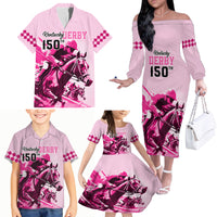 Personalised Kentucky Horse Racing Family Matching Off Shoulder Long Sleeve Dress and Hawaiian Shirt 150th Anniversary Sporting Art Pink Version - Wonder Print Shop