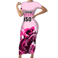 Personalised Kentucky Horse Racing Family Matching Short Sleeve Bodycon Dress and Hawaiian Shirt 150th Anniversary Sporting Art Pink Version - Wonder Print Shop