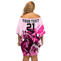 Personalised Kentucky Horse Racing Off Shoulder Short Dress 150th Anniversary Sporting Art Pink Version - Wonder Print Shop