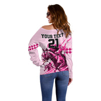 Personalised Kentucky Horse Racing Off Shoulder Sweater 150th Anniversary Sporting Art Pink Version - Wonder Print Shop