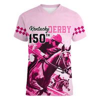 Personalised Kentucky Horse Racing Women V Neck T Shirt 150th Anniversary Sporting Art Pink Version - Wonder Print Shop