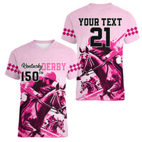 Personalised Kentucky Horse Racing Women V Neck T Shirt 150th Anniversary Sporting Art Pink Version - Wonder Print Shop