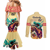 Kentucky Horse Racing Couples Matching Mermaid Dress and Long Sleeve Button Shirts 151st Anniversary Sporting Art Gold Version LT9