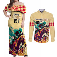 Kentucky Horse Racing Couples Matching Off Shoulder Maxi Dress and Long Sleeve Button Shirts 151st Anniversary Sporting Art Gold Version LT9