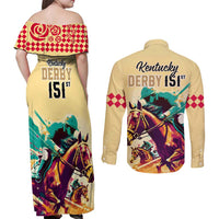 Kentucky Horse Racing Couples Matching Off Shoulder Maxi Dress and Long Sleeve Button Shirts 151st Anniversary Sporting Art Gold Version LT9