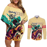 Kentucky Horse Racing Couples Matching Off Shoulder Short Dress and Long Sleeve Button Shirts 151st Anniversary Sporting Art Gold Version LT9