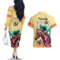 Kentucky Horse Racing Couples Matching Off The Shoulder Long Sleeve Dress and Hawaiian Shirt 151st Anniversary Sporting Art Gold Version LT9