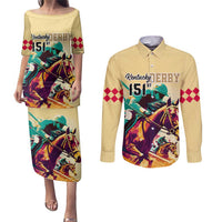 Kentucky Horse Racing Couples Matching Puletasi Dress and Long Sleeve Button Shirts 151st Anniversary Sporting Art Gold Version LT9