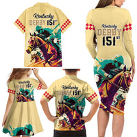 Kentucky Horse Racing Family Matching Long Sleeve Bodycon Dress and Hawaiian Shirt 151st Anniversary Sporting Art Gold Version LT9