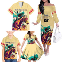 Kentucky Horse Racing Family Matching Off Shoulder Long Sleeve Dress and Hawaiian Shirt 151st Anniversary Sporting Art Gold Version LT9