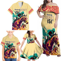 Kentucky Horse Racing Family Matching Off Shoulder Maxi Dress and Hawaiian Shirt 151st Anniversary Sporting Art Gold Version LT9