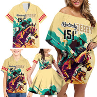 Kentucky Horse Racing Family Matching Off Shoulder Short Dress and Hawaiian Shirt 151st Anniversary Sporting Art Gold Version LT9