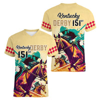 Kentucky Horse Racing Women V Neck T Shirt 151st Anniversary Sporting Art Gold Version LT9