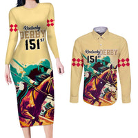 Personalised Kentucky Horse Racing Couples Matching Long Sleeve Bodycon Dress and Long Sleeve Button Shirts 151st Anniversary Sporting Art Gold Version LT9